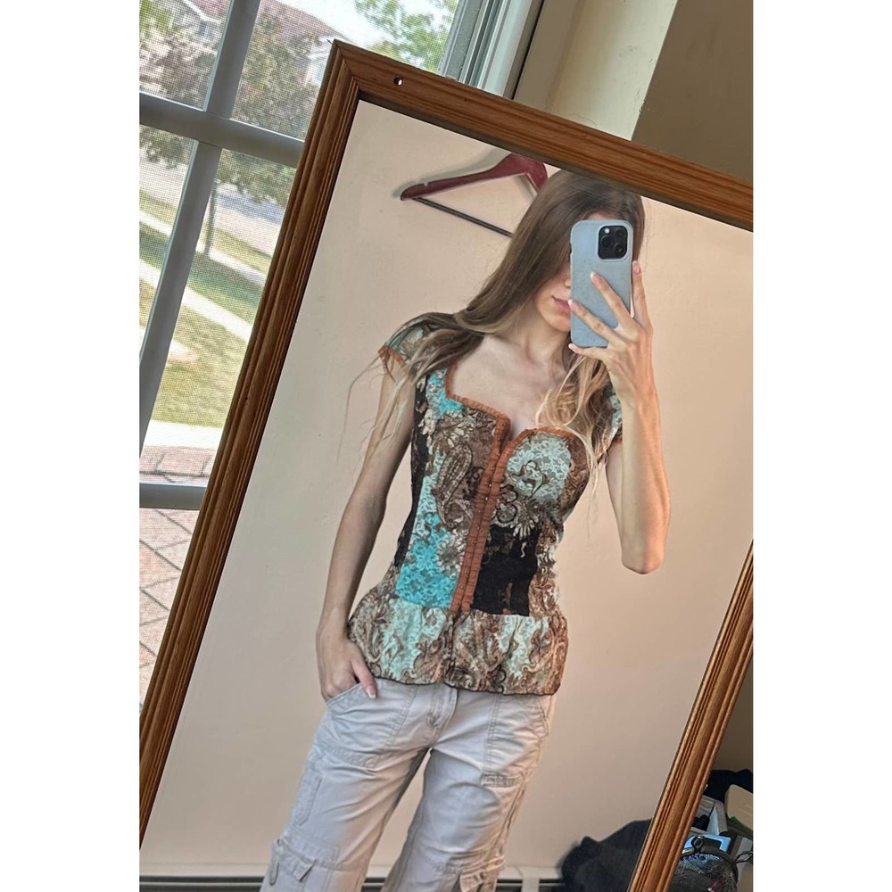 RARE Vintage Y2K Outlooks Babydoll Blue Brown Paisley Corset Shirt Top